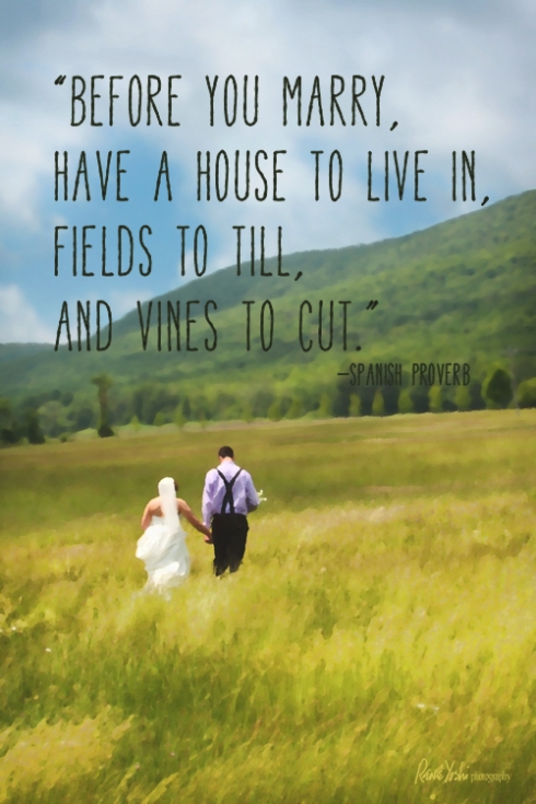 "Before you marry, have a house to live in, fields to till, and vines to cut."  —Spanish proverb